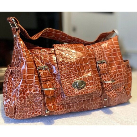 Orange Alligator Embossed Hobo Shoulder Bag Handbag Pockets Glossy Patent Finish - Picture 16 of 16